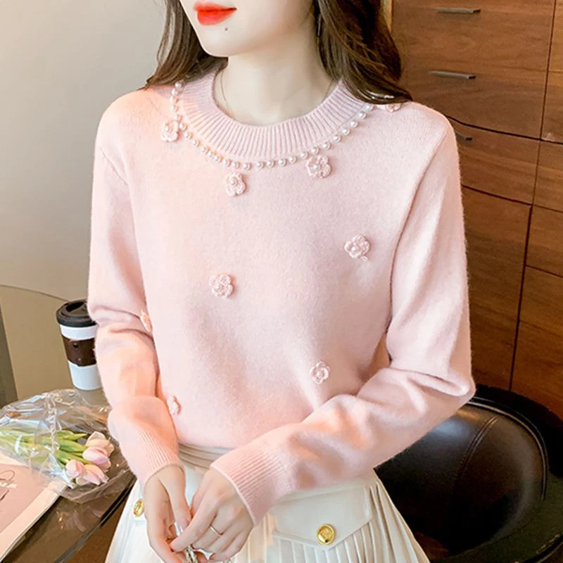 Autumn Winter Round Neck Sweet Beading Casual Jumpers Ladies Solid Color Simple All-match Patchwork Knitting Top Women Sweater