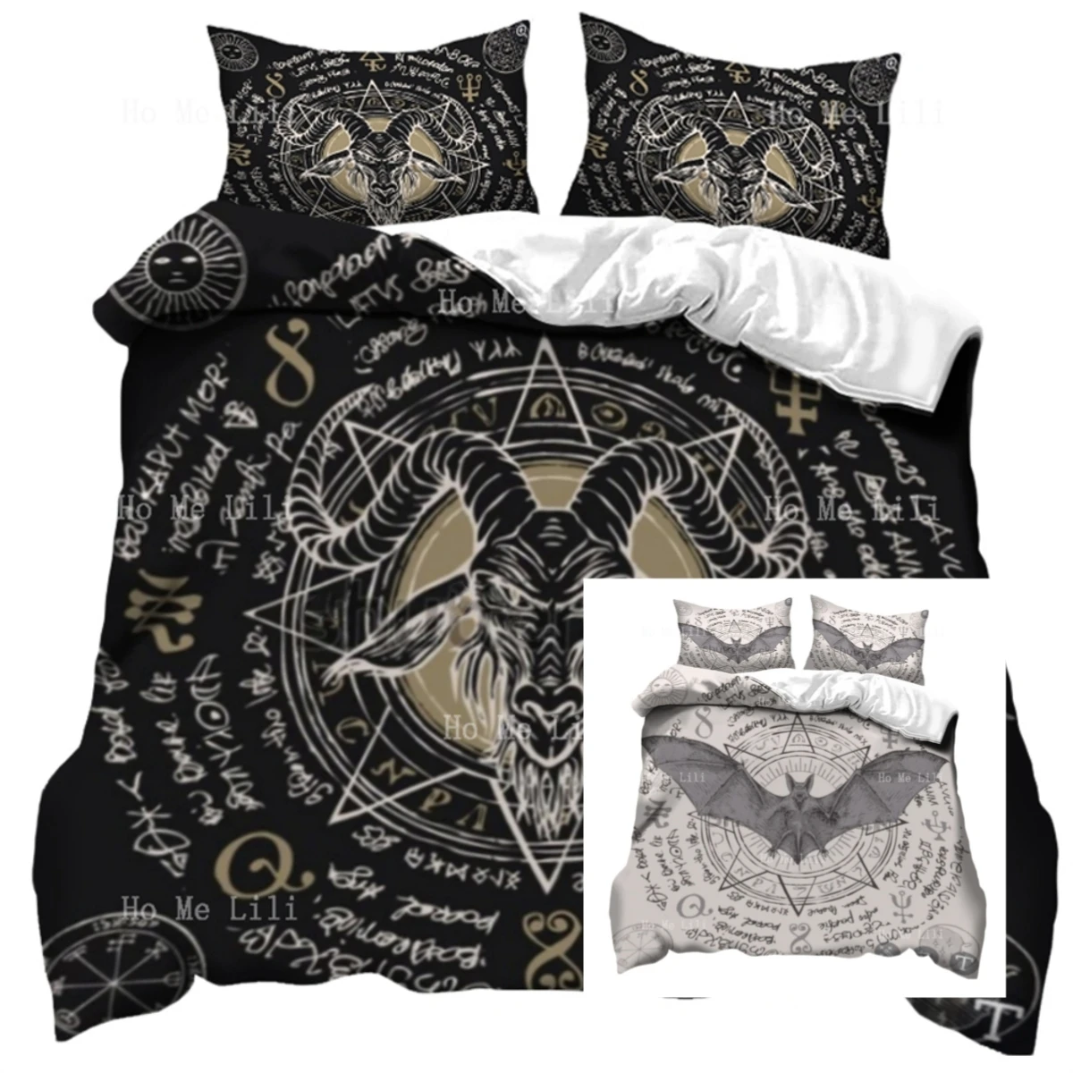 Gothic Art Bapp'S Magic Goat Head And Bat Duvet Three Piece Bedding Set