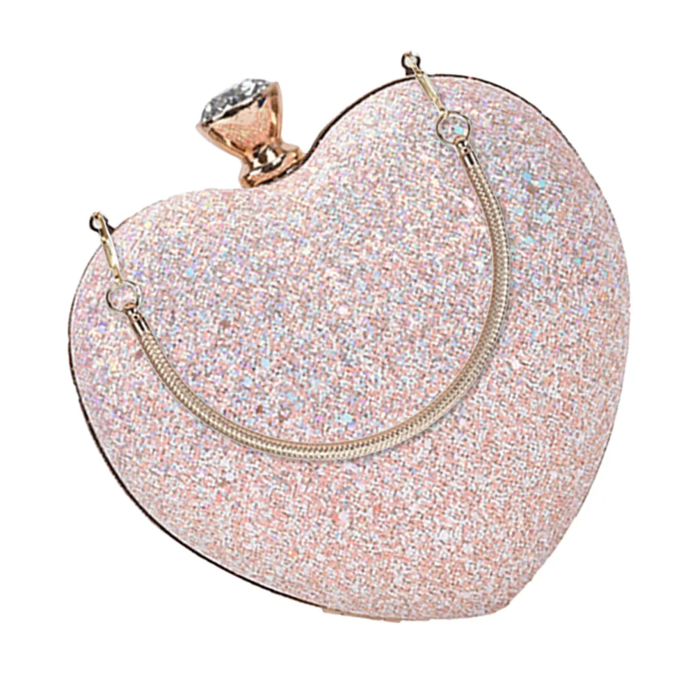 Dinner Bag Cross Body Party Clutch Rhinestones Chain Heart Shaped Handbag Pu Small Evening