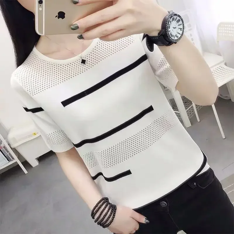 Woman Tshirts Women\'s Short-Sleeved T-shirt Summer Stripes Hollow Sweater round Neck Top Does Not Fade Tops Mujer Camisetas