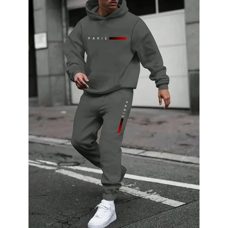 2 piece Men's Paris Letter Striped 3D Printed Comfortable Hooded and Long Pants Set Suitable for Spring and Autumn Wear