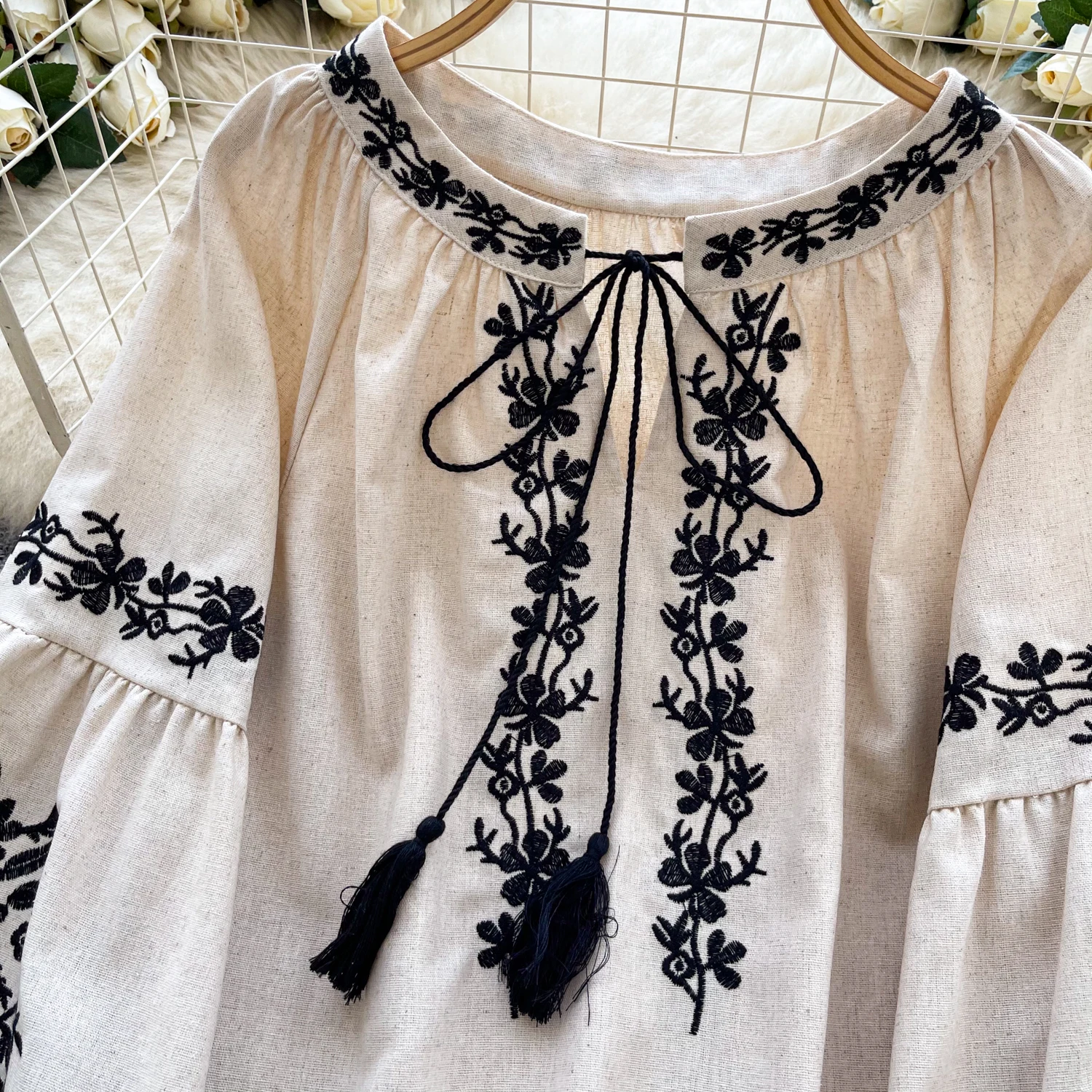 chic vintage Embroidered loose long sleeve korean fashion blouse Female autumn women clothing