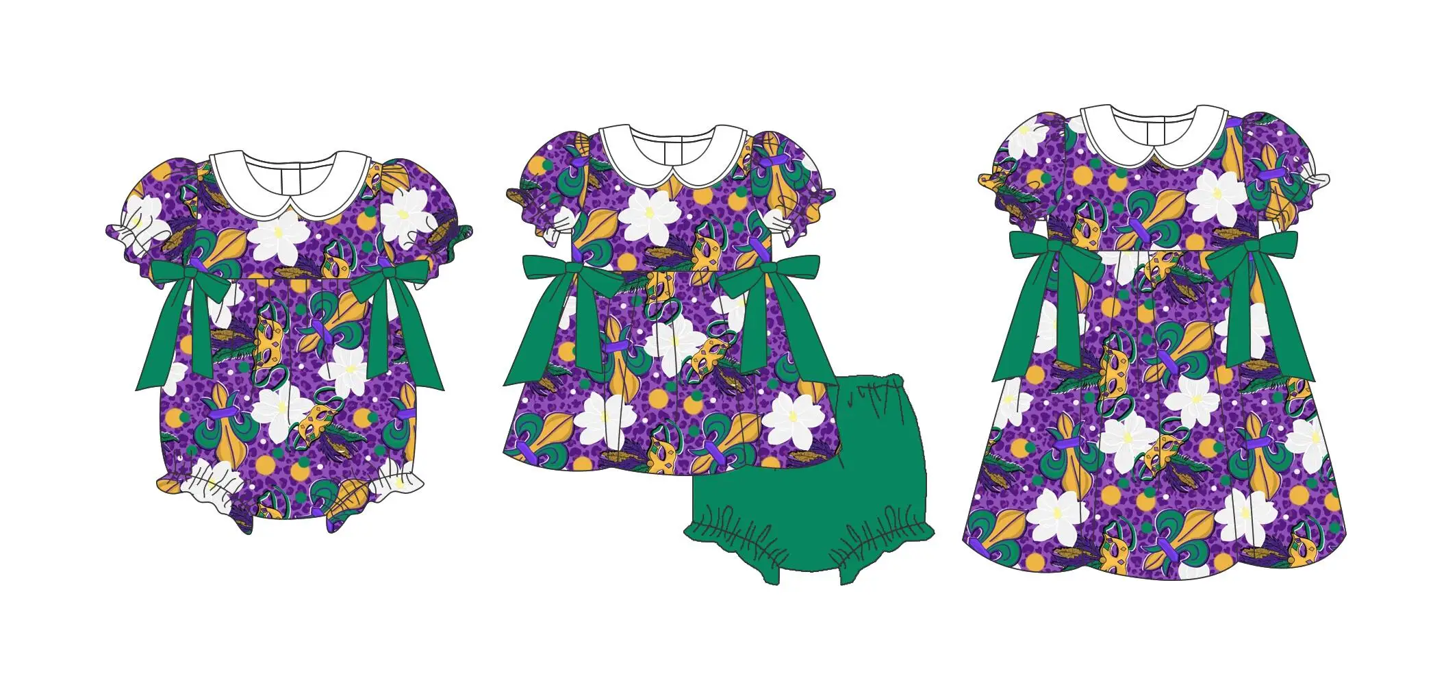 Carnival Boutique Children's Elastic Romper Dress Set with Lapel Short Sleeve Feather Arrow Flower Print Shorts for Girls