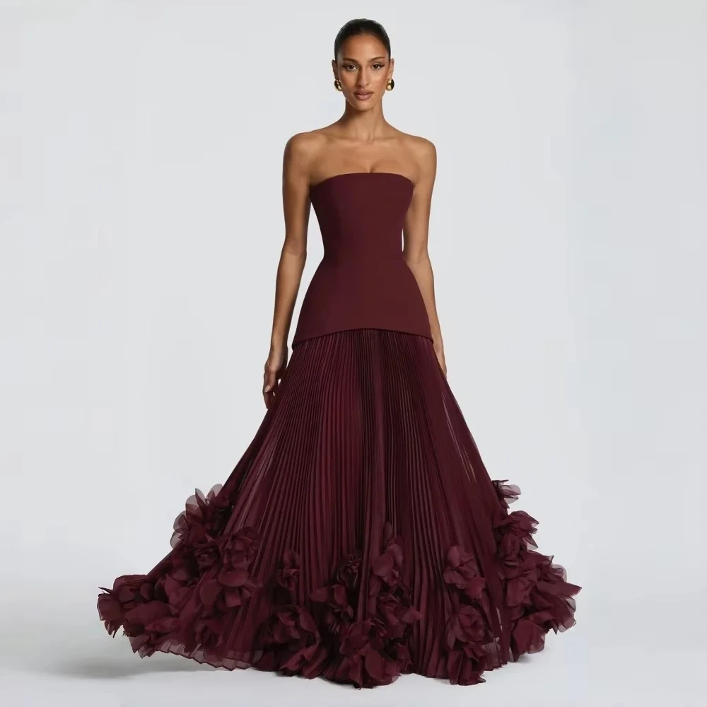 Elegant 3D Flower Lace Up A Line Solid Spliced Sheer Dresses Strapless Sleeveless Patchwork Applique Maxi Dress Female Clothing