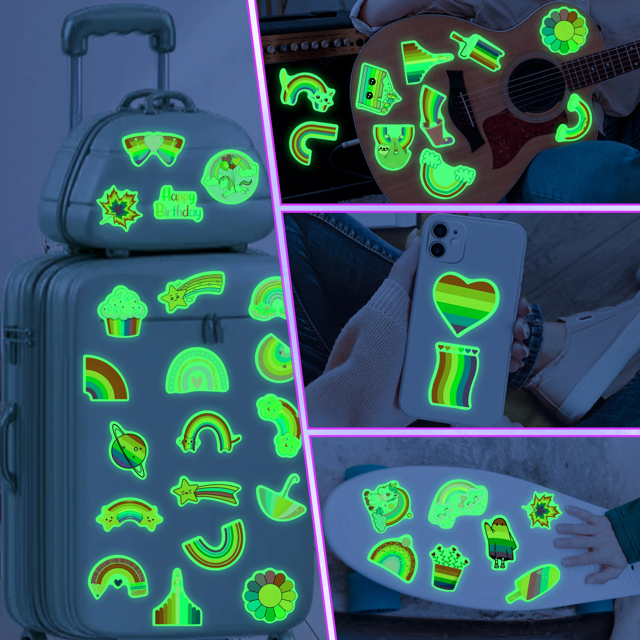 สติกเกอร์รุ้งน่ารักลายการ์ตูนเรืองแสงในที่มืด50แผ่น, ขวดน้ำกันน้ำ, สติกเกอร์สมุดบันทึก,