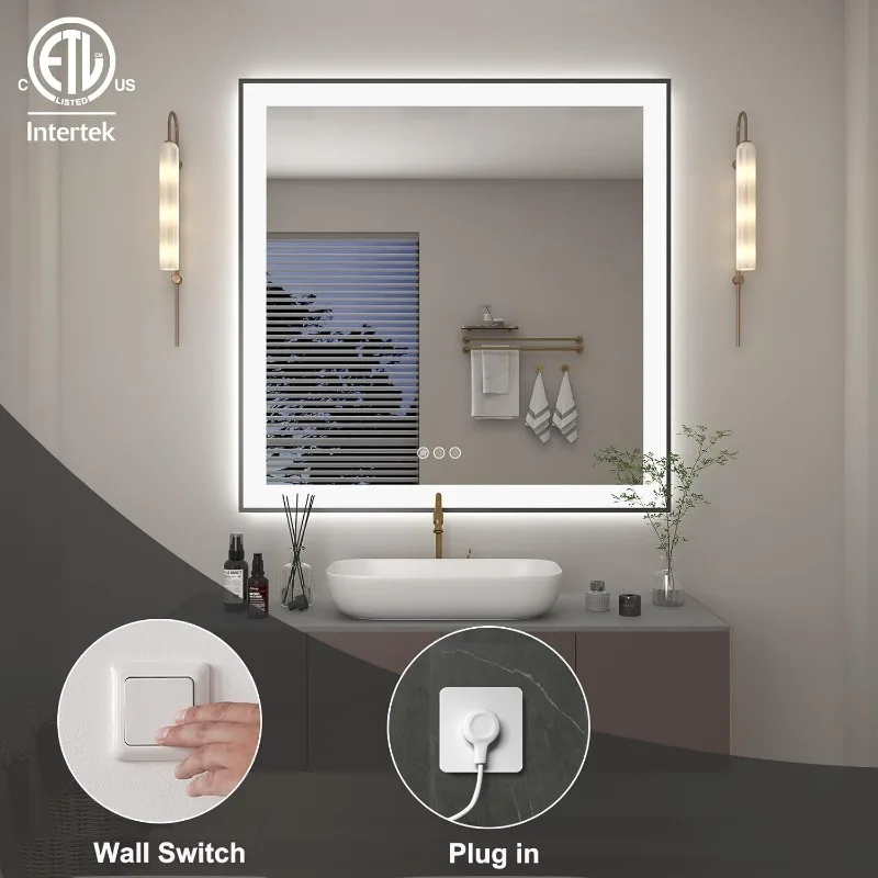 30x30 LED Mirrors with Matte Black Frame for Bathroom Wall, Lighted Vanity Mirrors with Lights, Dimmable