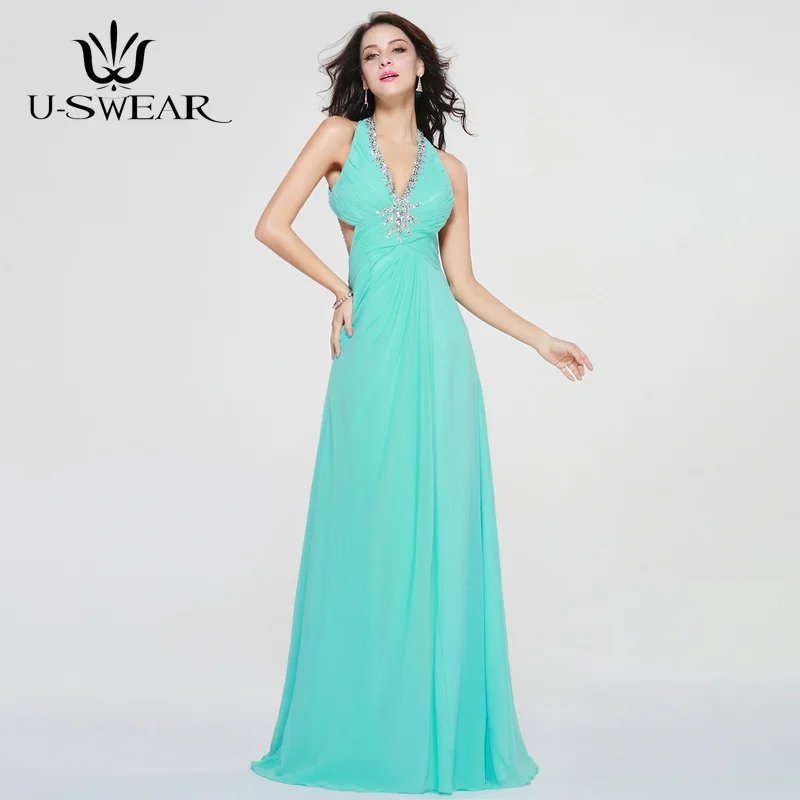 

Grace Green Evening Dresses Halter Chiffion Prom Dresses Sleeveless Backless Beading Women Long Evening Gown Robe De Soiree