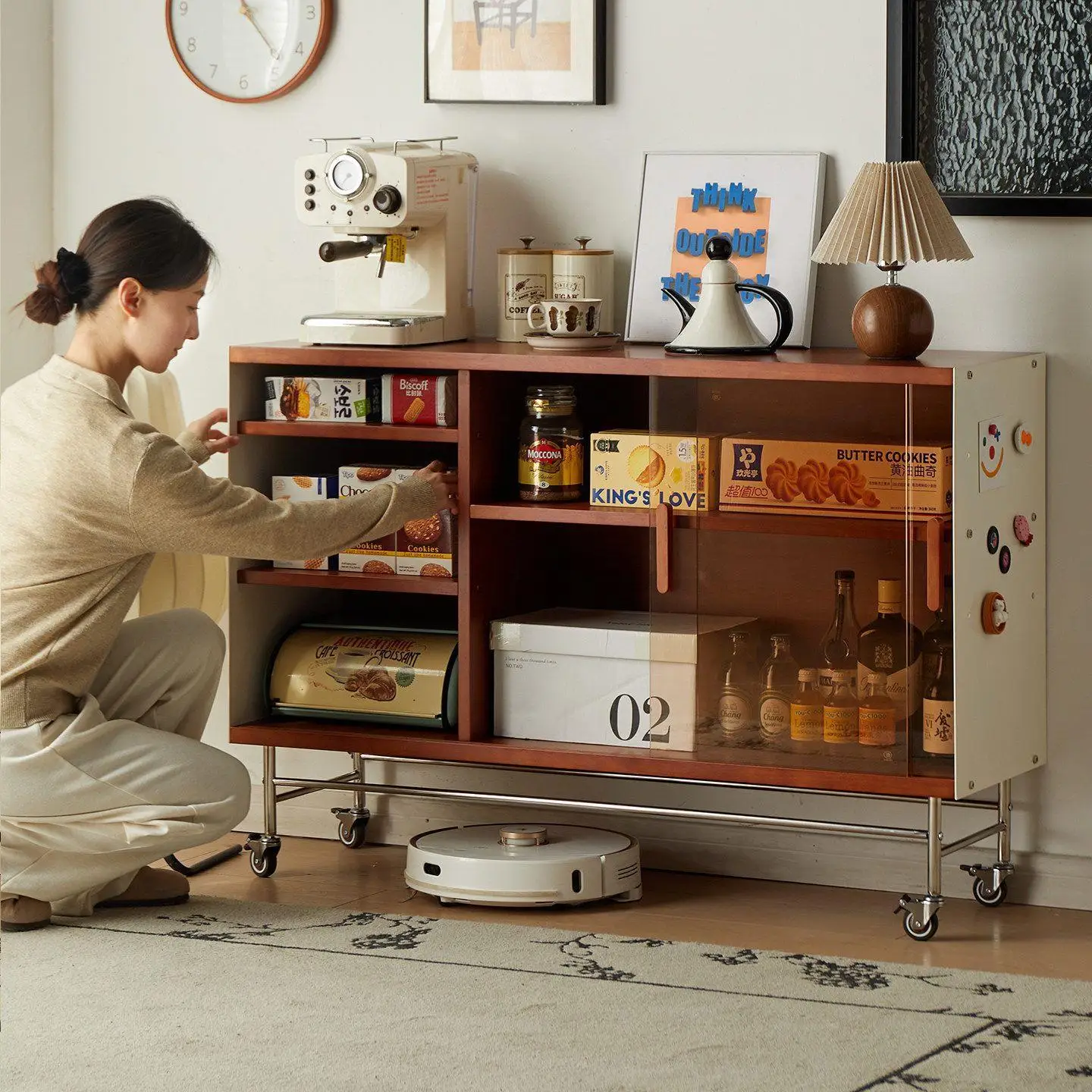 Living room household against the wall solid wood storage cabinet movable tea storage side cabinet