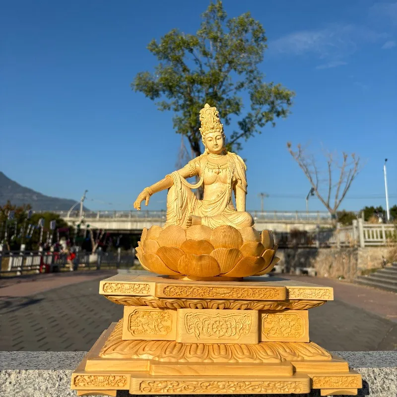 Hand-Carved Hinoki Wood Guanyin Buddha Statue - 14