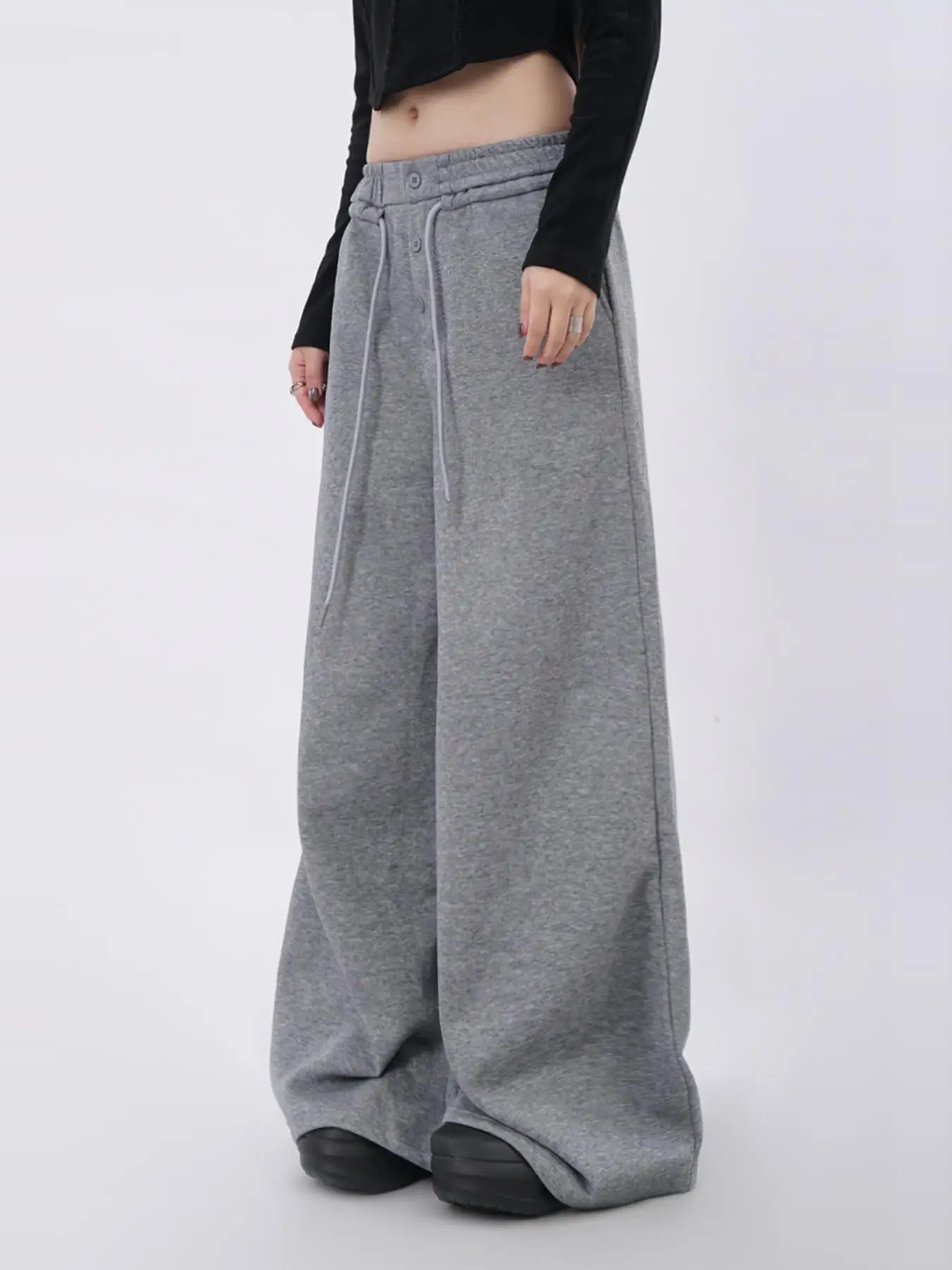 Gray Wide Leg Sport Pants Women's Elastic Waist Multi-Buckled Casual Loose Straight Leg Sweatpants Trendy Drawstring Design