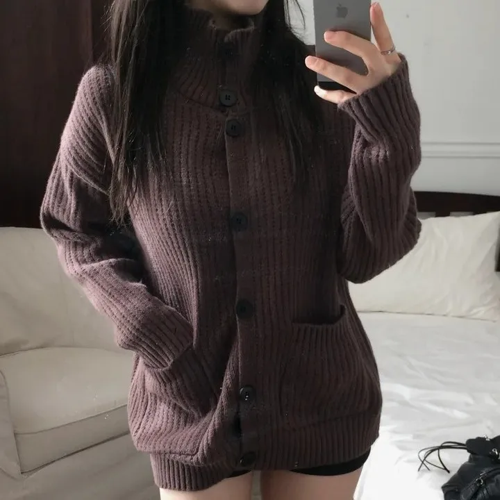 เสื้อสเวตเตอร์ไหมพรมถักทรงหลวม คอสูง สไตล์ลำลอง สำหรับฤดูใบไม้ร่วงและฤดูหนาว  ผ้าโพลีเอสเตอร์เนื้อนุ่ม แขนยาว สำหรับผู้หญิง