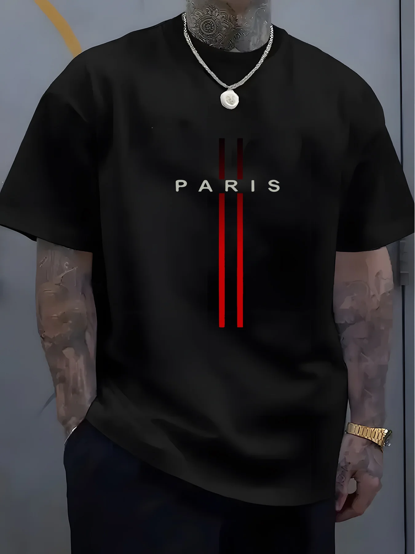 Summer men\'s 100% pure cotton casual loose fit plus size PARIS letter pattern printed round neck short sleeved T-shirt top