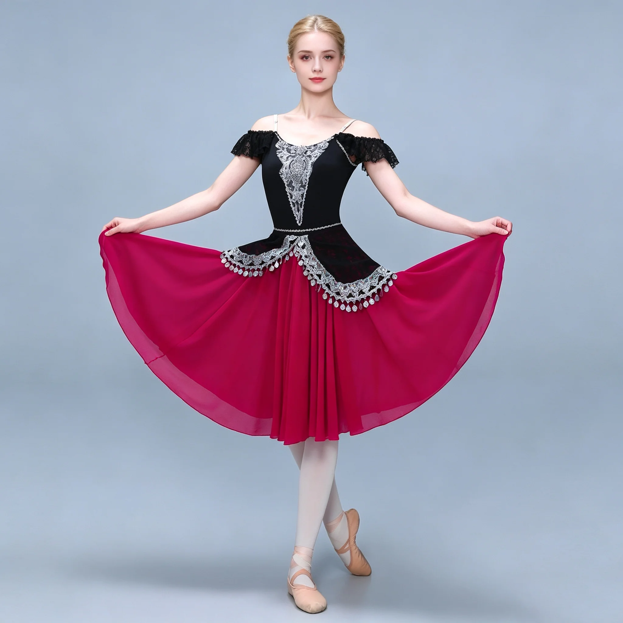 Vestido de tutú de ballet profesional para mujer, de color negro y rojo, estilo español, disfraz de bailarina, con diseño de hombros descubiertos y encaje, ideal para espectáculos de danza en el escenario.