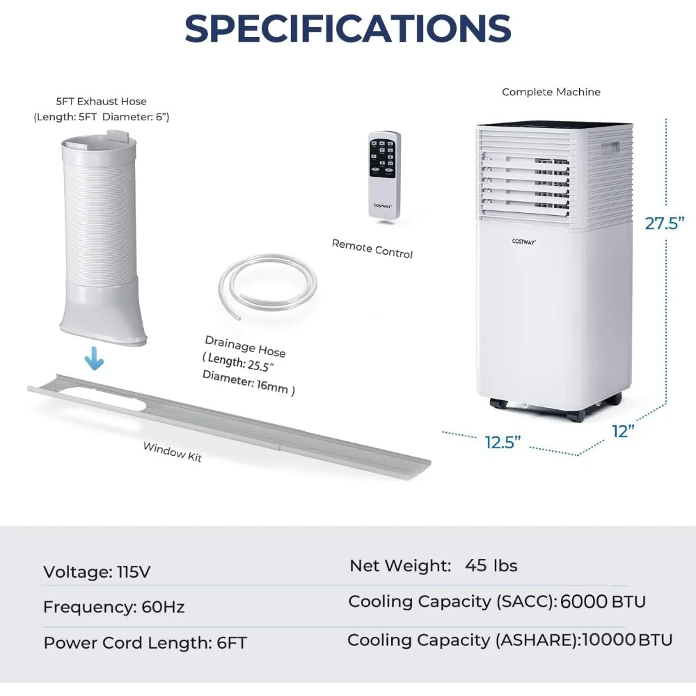 Tragbare Klimaanlage, 10000 BTU AC-Kühlung für Räume bis zu 350 m², mit Fernbedienung, 24h Timer