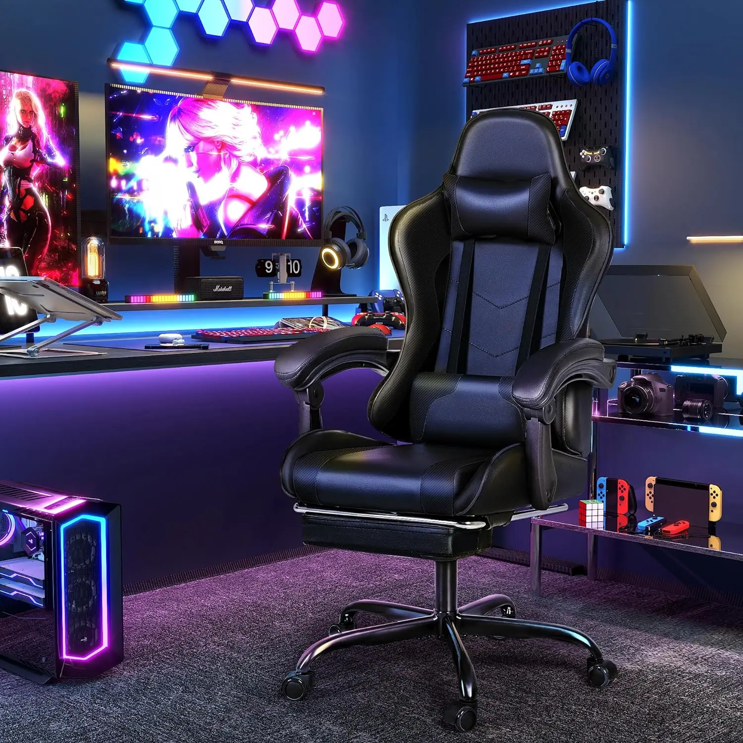 Furmax-silla Gaming con reposapiés y soporte Lumbar, asiento giratorio, altura ajustable, para ordenador