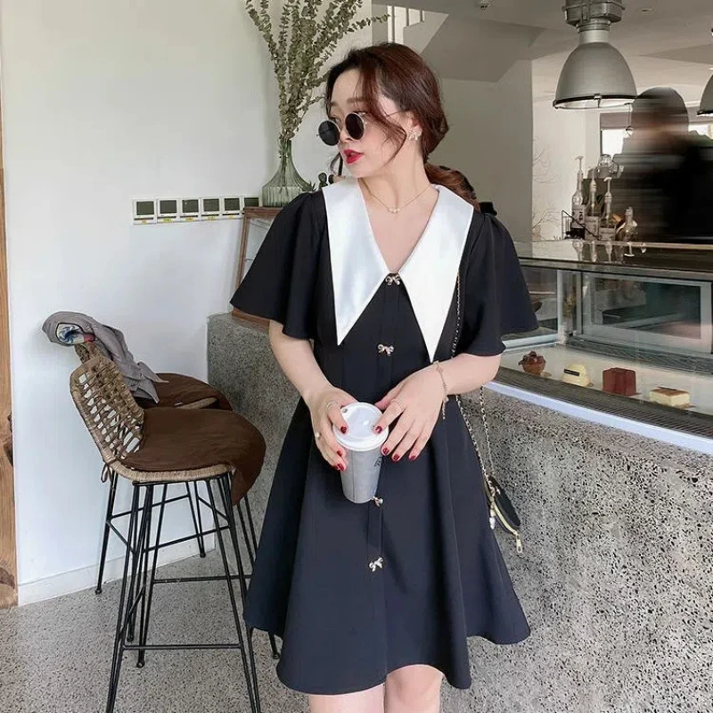 Plus Size New Cute Doll Collar Slimming A-line Dress Summer High Waist Mid Length Dress Fashion Sweet Style Womens Clothes