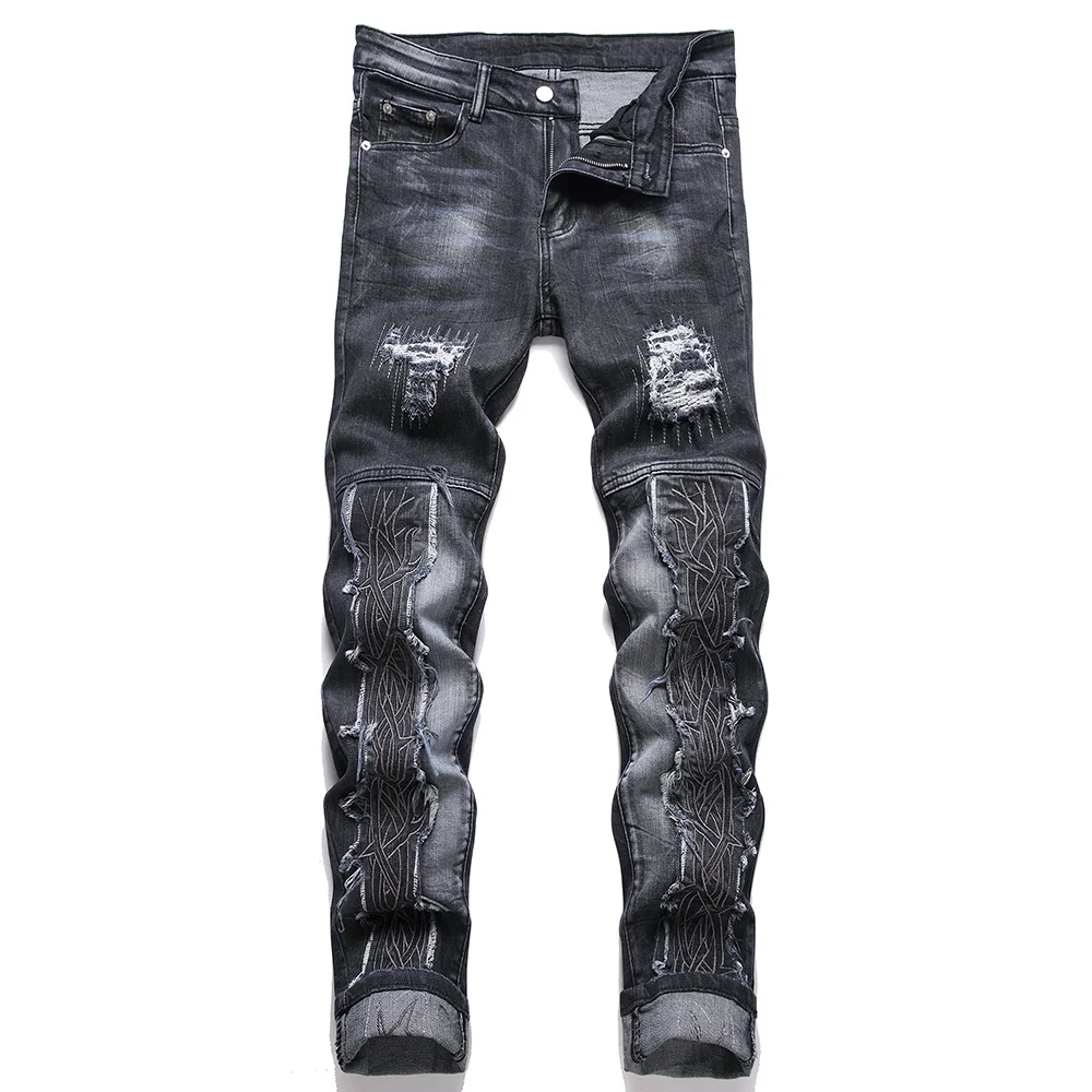 

Men Embroidery Stretch Denim Jeans Punk Holes Ripped Distressed Pants Fringe Patch Slim Straight Trousers Blue Black