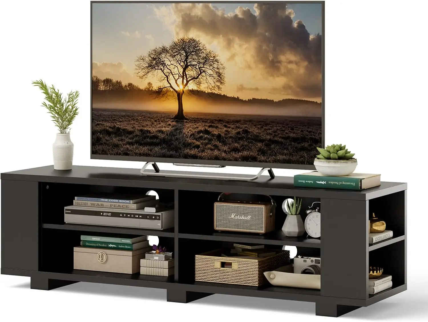 

Wood TV Stand for TVs up to 65 Inch Flat Screen, Modern Entertainment Center with 8 Open Shelves, Universal TV Storage Cabinet