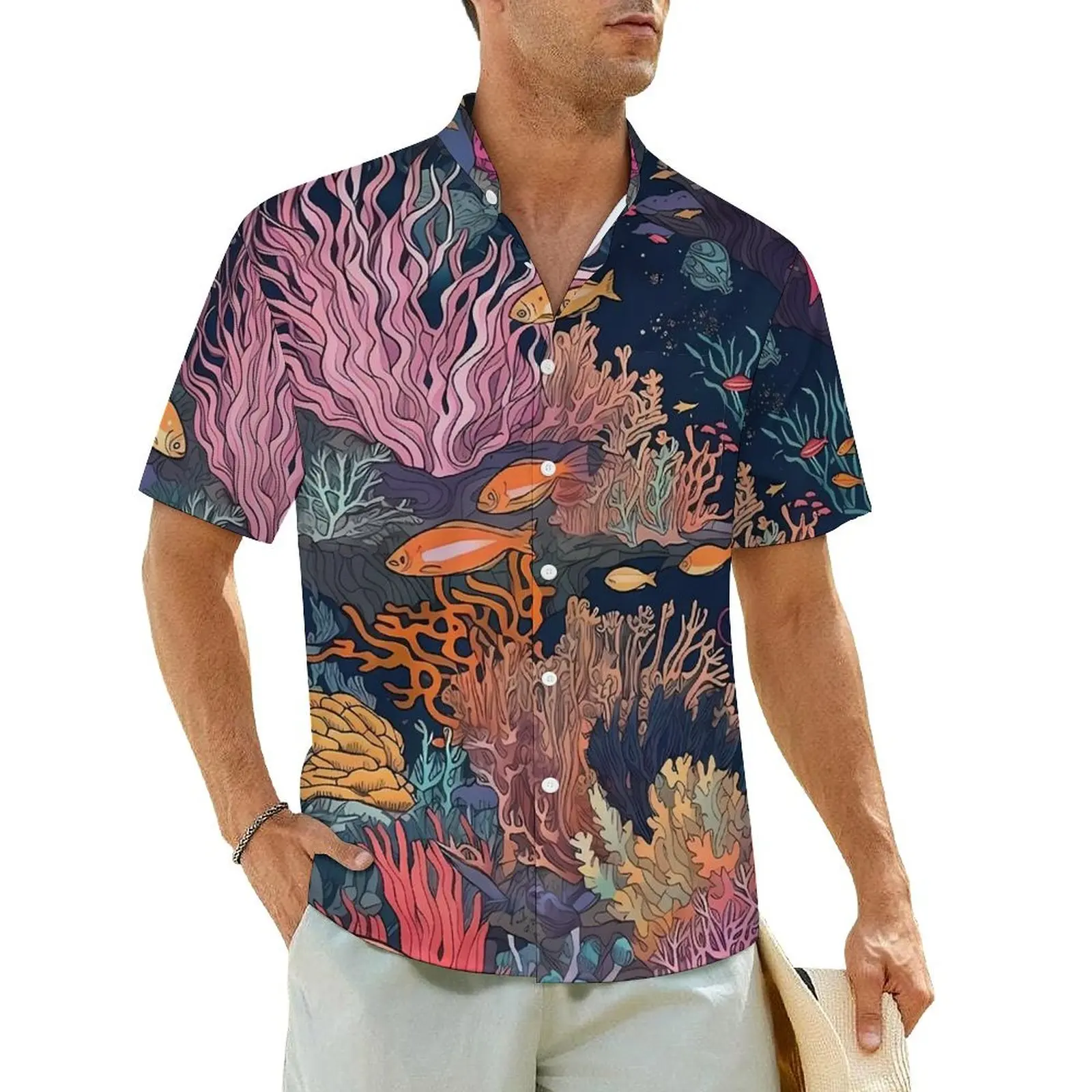 

Tropical Marine Casual Shirt Coral Reef Print Retro Summer Shirts Male Short Sleeves Beach Fashion Graphic Oversized Blouses