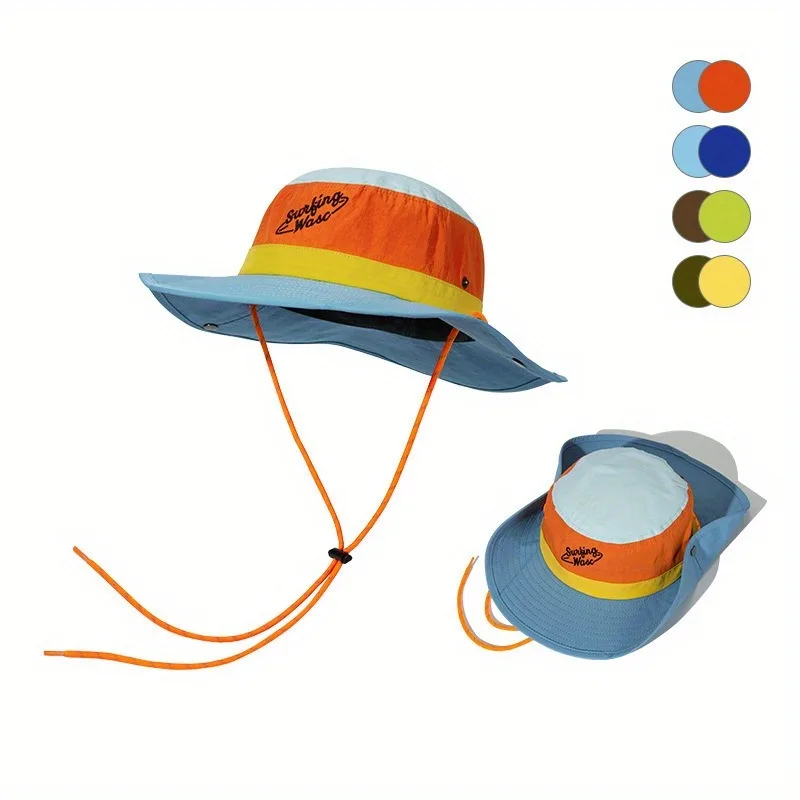1pc Waterproof Shaded Bucket Hat - Colour-block Design, Embroidered Logo, Adjustable Fit & Detachable Windrope for Outdoor