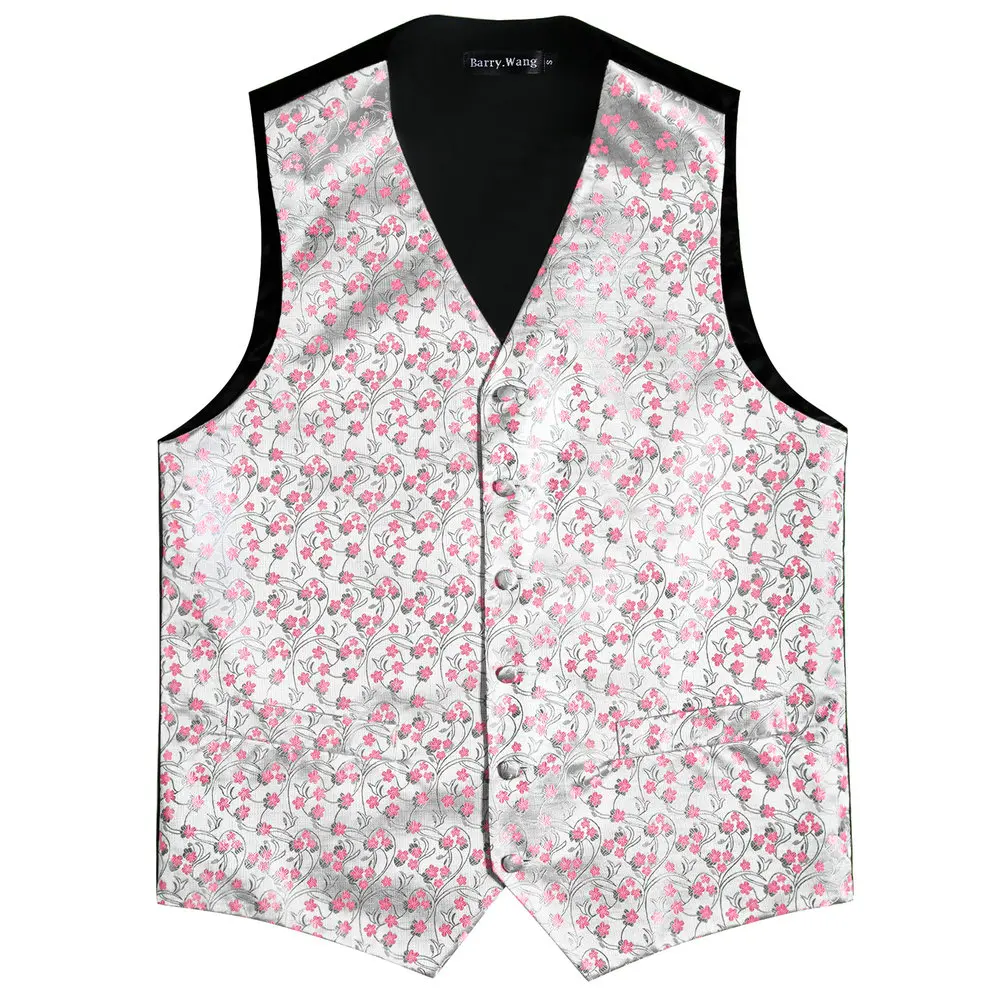 Gilet di seta floreale rosa gilet da uomo Slim Suit Vest argento cravatta fazzoletto gemelli cravatta gilet Barry.Wang Business Design