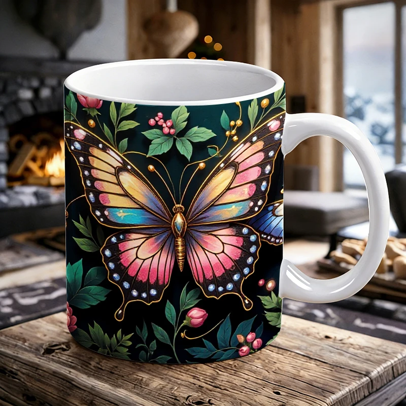 

1pcs Gilded Butterfly Floral Ceramic Cup with Handle, Creative Coffee Cup, Milk Cup, Office Tea Cup, Drinking Cup,Fade-Resistant