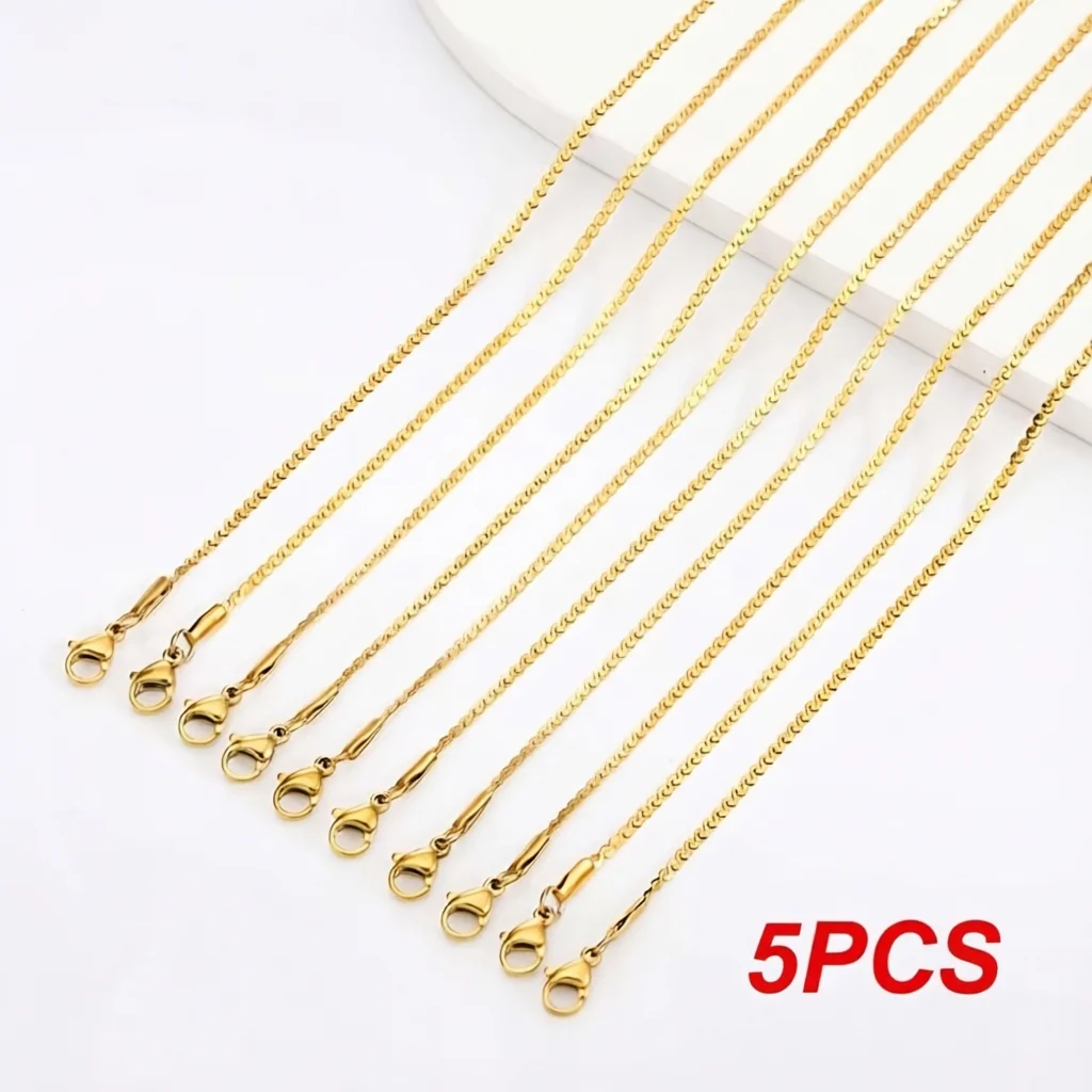5pcs 1mm Stainless Steel S-chain with Lobster Clasp for Daily Casual Wear Can Be Matched w/ Pendants Unisex 45/50/55/60cm 3 Tone