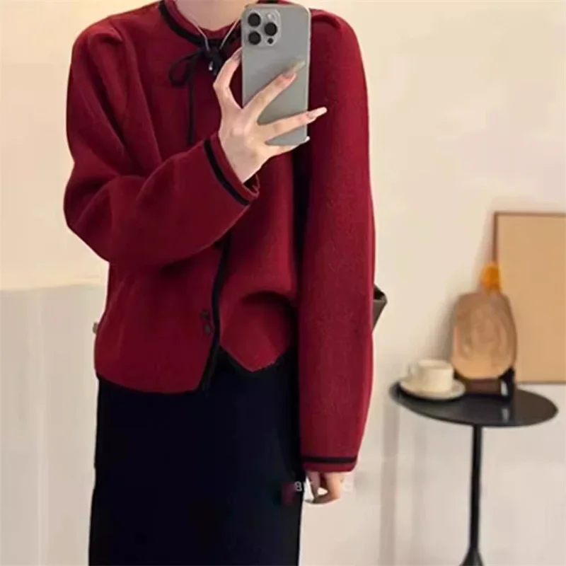 Necktie Bow Sweater Women 2024 Autumn and Winter New Chanel Style O-neck Knitted Cardigan Long Sleeved Top Female Casual LJ707