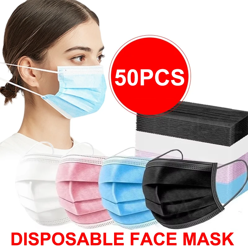50Pcs Unisex 3-layer Mask Face Masks Melt Blown Cloth Disposable Safety Anti-Dust Protective Masks Blue Adults Non-wove Masque