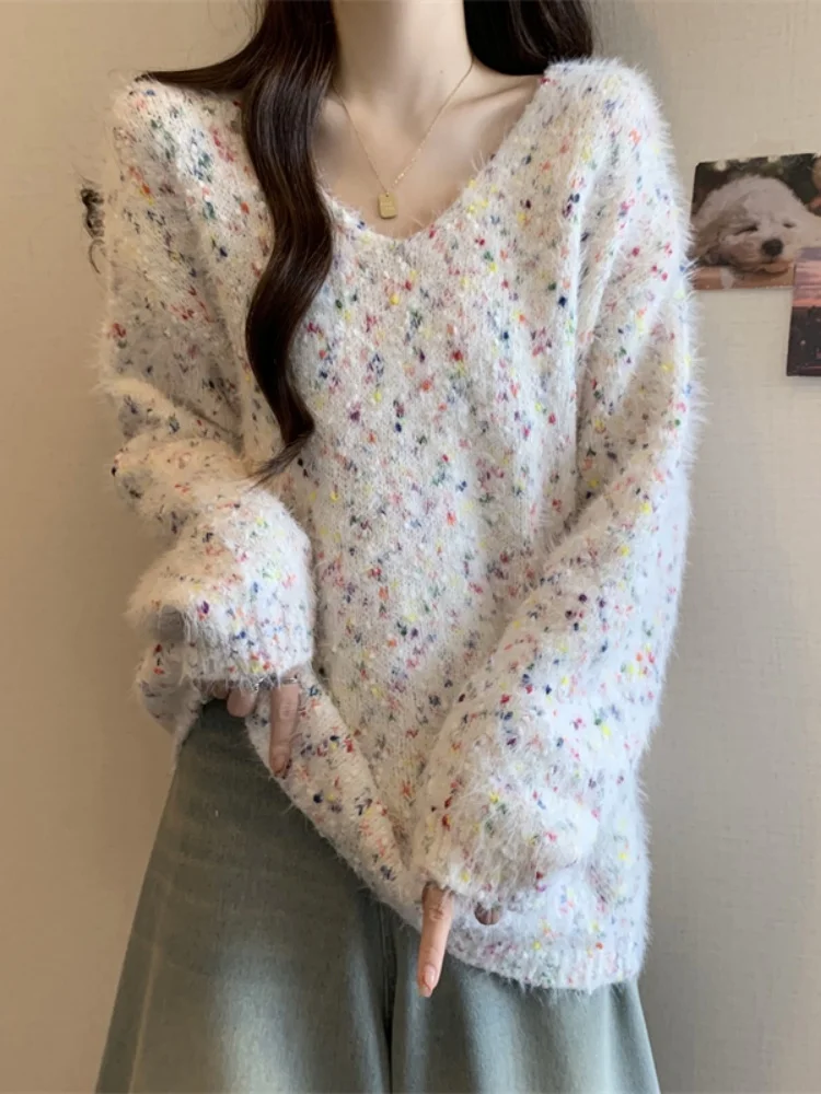 

Colorful V-Neck Long Sleeved Knitted Sweater Top For Women New Autumn Winter Loose Lazy Style Soft Beautiful Pullover Sweater