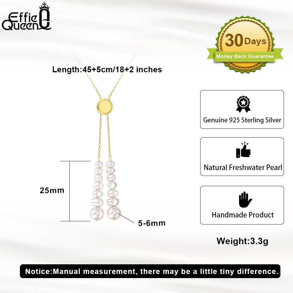 EFFIE QUEEN Unique 925 Sterling Silver Freshwater Pearl Necklace Adjustable Beads Pearl Pendant Necklace for Women Jewelry GPN41