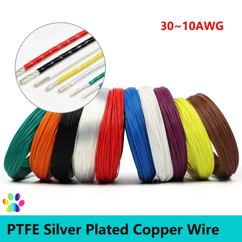 

1/5M Silver Plated PTFE Copper Wire 10/11/13/14/15/18/20/22/24/26/28/30 AWG DIY High Purity OFC Copper Cable For 3D Printer