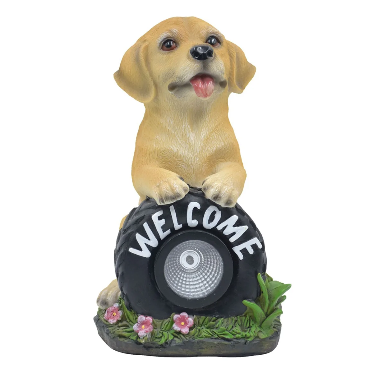 

Solar Garden Dog Statue Welcome Sign with LED Lights Resin Solar Powered Puppy Figurine Decorative Sculpture for Patio