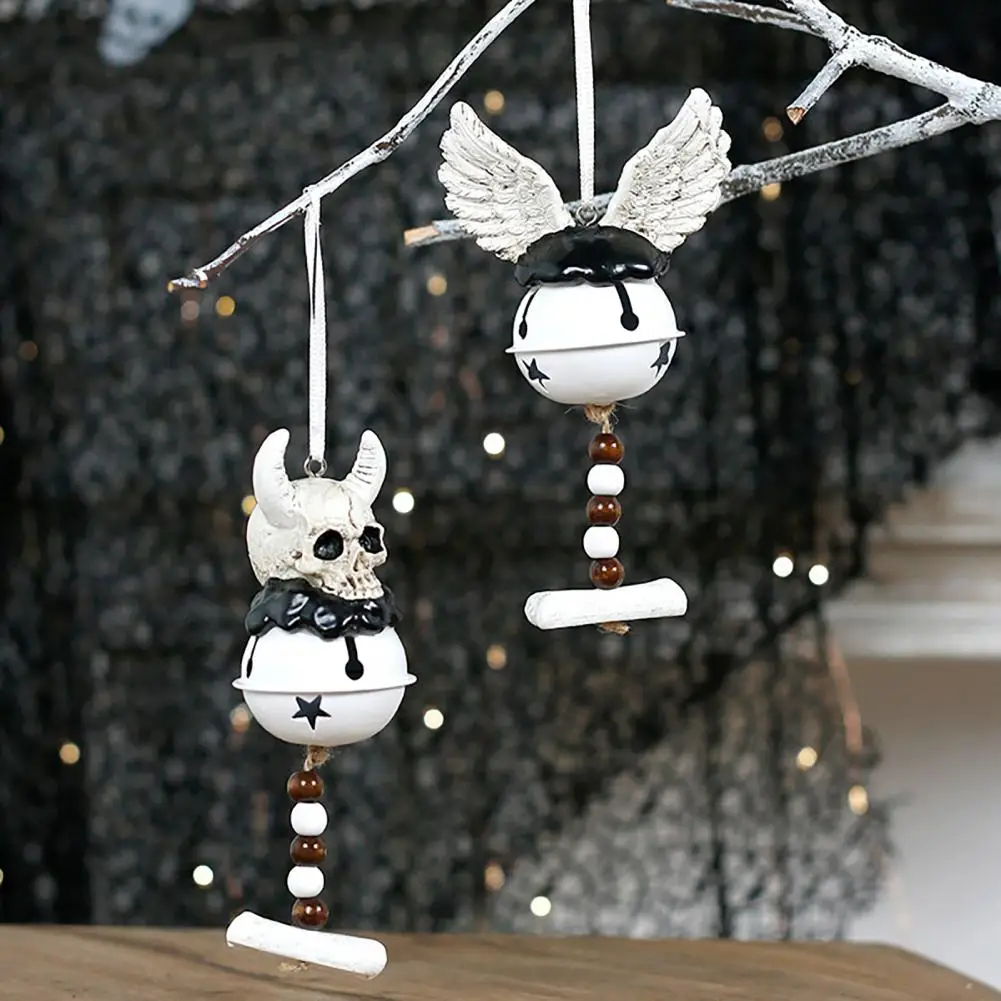 Hanging Bell Decoration, Halloween Jingle Bell Ornament With Bull Skull Angel Wings, Spooky Tree Accessory For Party Home Decor