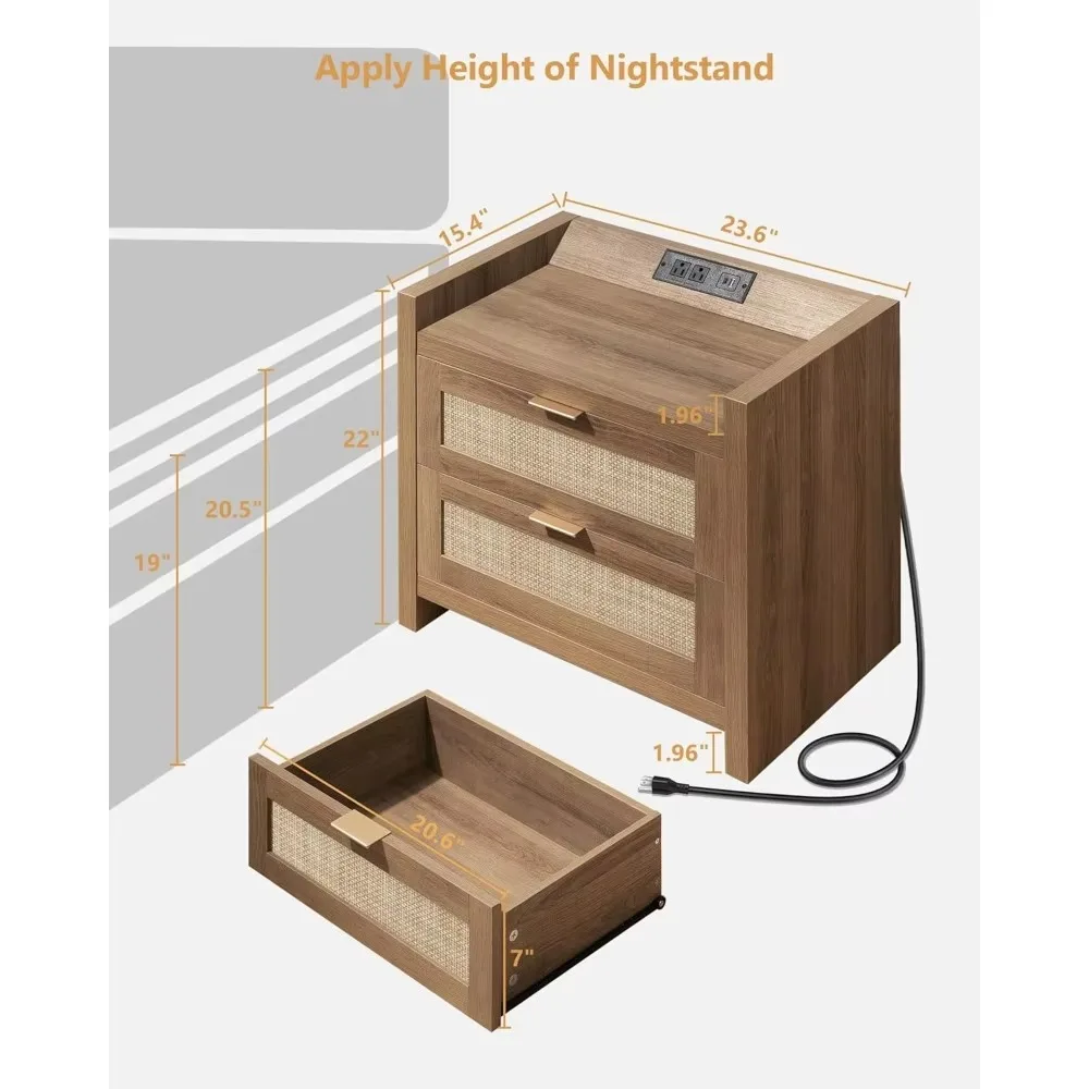 Nightstands.Night Stand Set of 2 - Rattan Nightstands with Type-C Charging Station,2Rattan Drawers-Boho Wood Bed Side End Table