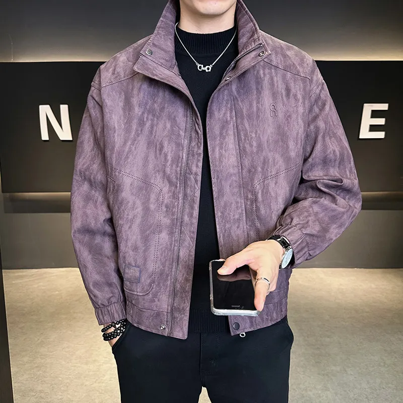 

Мужская модная кожаная куртка свободного кроя в мотоциклетном стиле с воротником-стойкой, универсальная верхняя одежда, ветрозащитное пальто с длинными рукавами