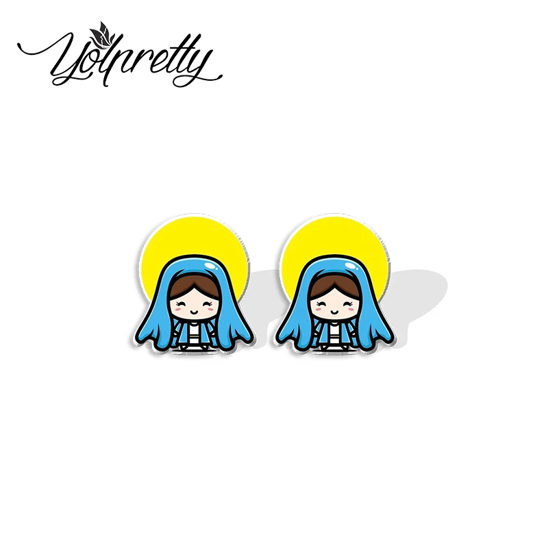 2023 New Arrival Fashion Holy Cartoon Virgen María Mary Virgin Epoxy Stud Earrings Handcraft Acrylic Resin Earrings