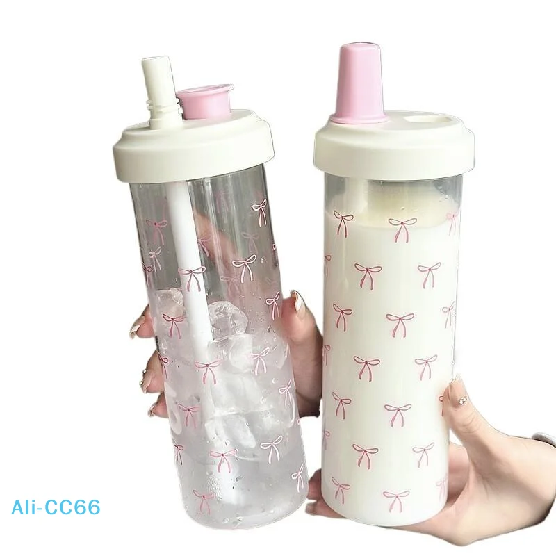 【C】500/700 ml Stroh-Wasserflasche mit Deckel, Schleife, Becher, Kaffee, Milch, Tee, Plastikbecher für Outdoor, Schule, Trinkwasserflasche, Mädchen-Geschenk