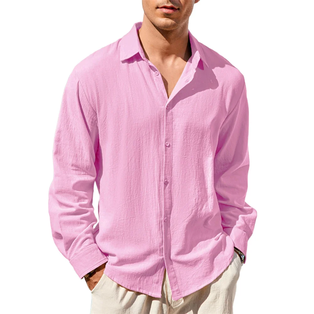 قميص رجالي من القطن والكتان بأكمام طويلة وياقة على شكل طية صدر السترة بلون سادة كاجوال وبسيط يسمح بمرور الهواء وخفيف الوزن للرجال لقضاء العطلات #4