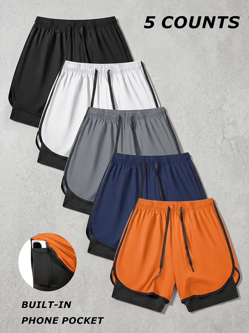 5 Piece Set Men's 2 in 1 Running Workout Shorts Gym Athletic Quick Dry Stretchy Performance Shorts with Phone Pocket Towel Loop