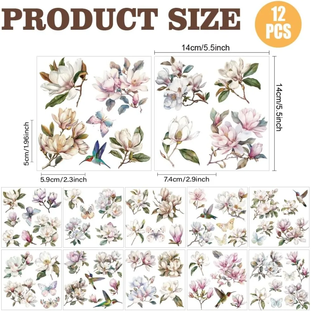 12 Sheets Magnolia Rub on Transfers for Crafts Magnolia and Hummingbird Rub on Transfer Stickers Butterfly Rub making kit