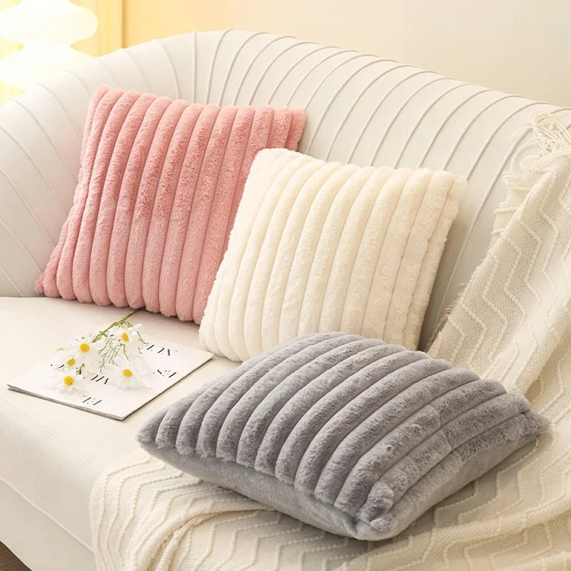

Faux Rabbit Fur Square Cushion Cover Big Thick Striped Super Soft Color Pillow Cover 45x45cm Solid Sofa Decoration Cushion Cover