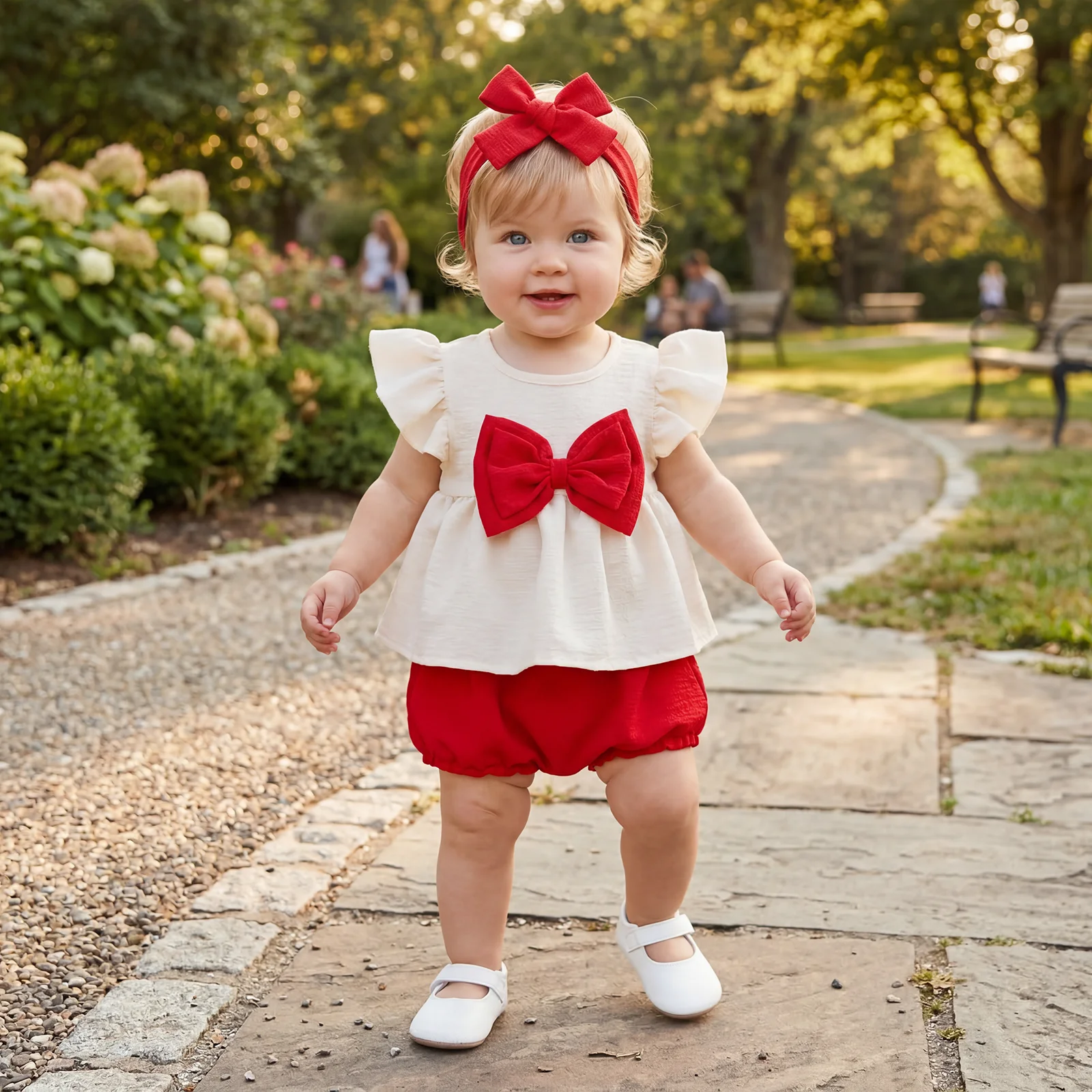 Sweet Baby Girl Summer Outfits Bowknot Decor Fly Sleeve Crew Neck Tops Elastic Waist Shorts Headband 3Pcs Clothes Set