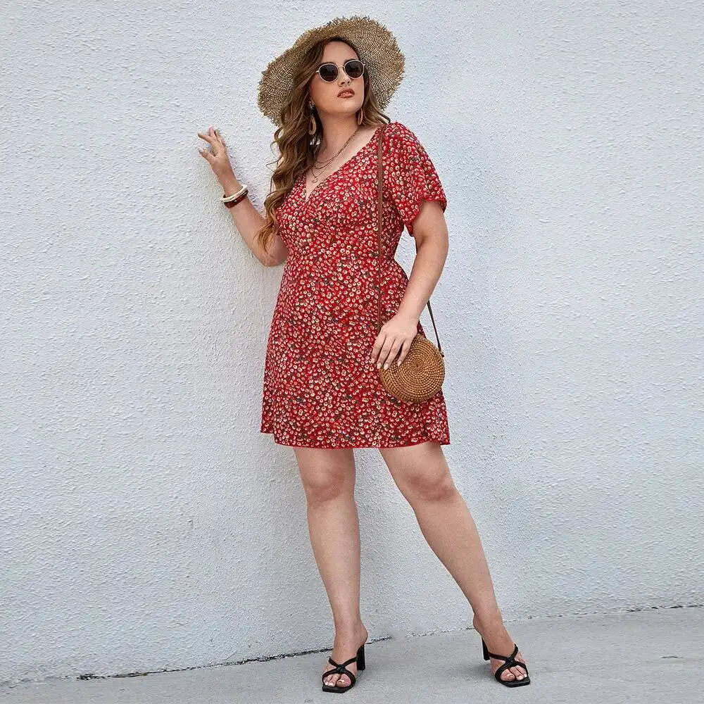 

Women's Size Plus 2025 Spring and Summer Sexy V-neck Small Floral Beach Vacation Home Casual Dress Summer Elegantes Casual Y2k