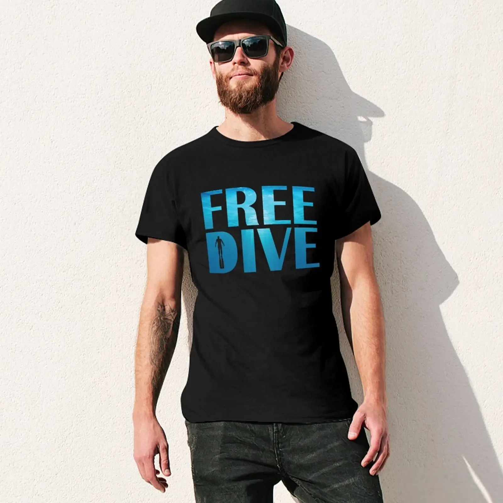 Camiseta de manga curta Freedive masculina, uma respiração no azul, Tee gráfico extragrande