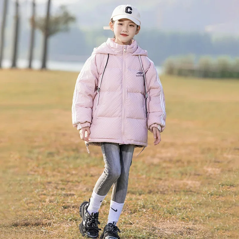 Kids Long Girls Loose Thickened Duck Downjacket Black Pink Children Coat Teenagers Hooded Padded Bread Jacket Clothes Winter