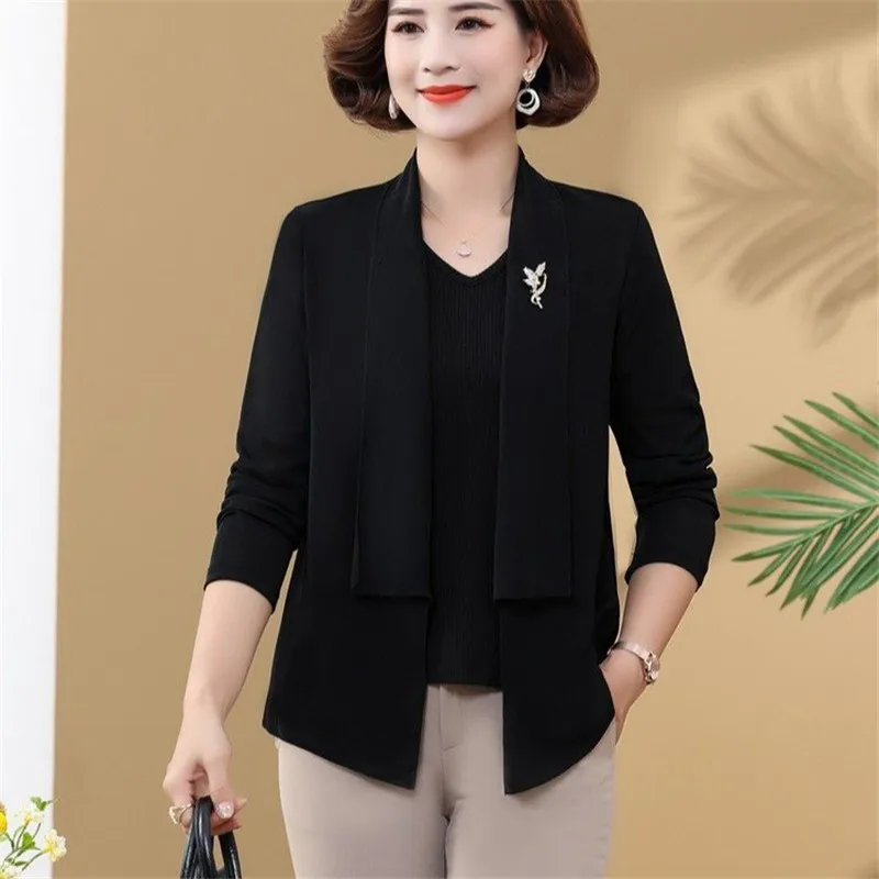 Womens Long Sleeve T-shirt Long Sleeve Spring Autumn Middle-aged Mothers knitting Fake Two Piece solid color Tops