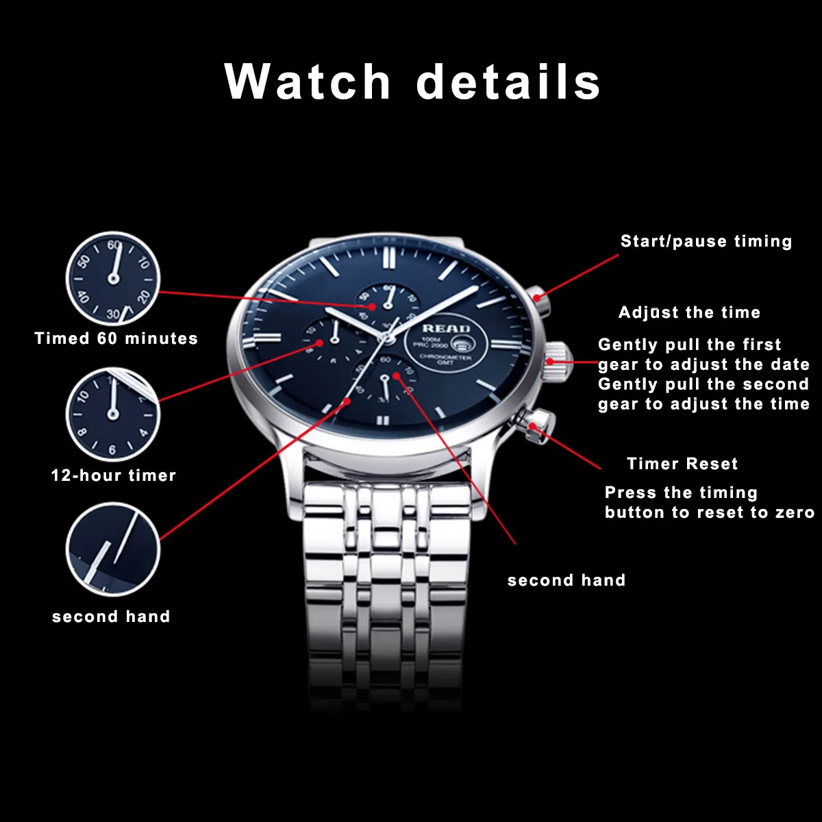 READ Men Quartz Watch | Stainless Steel Case & Band | Hard Glass | Chronograph Calendar | 100M Daily Water Resistant