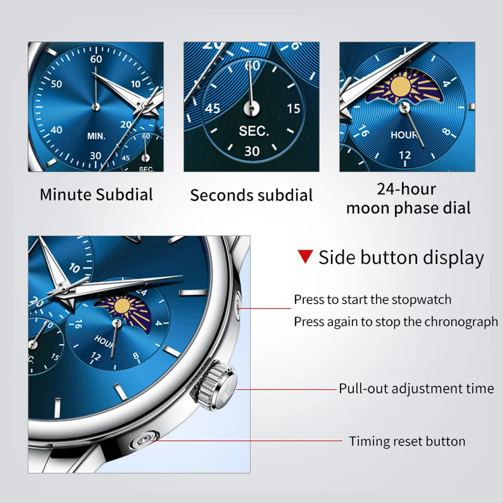 Olevs-男性用のシンプルでカジュアルなクォーツ時計,オリジナル,防水,発光,ステンレス鋼,ムーンフェイズ,ギフト,2936