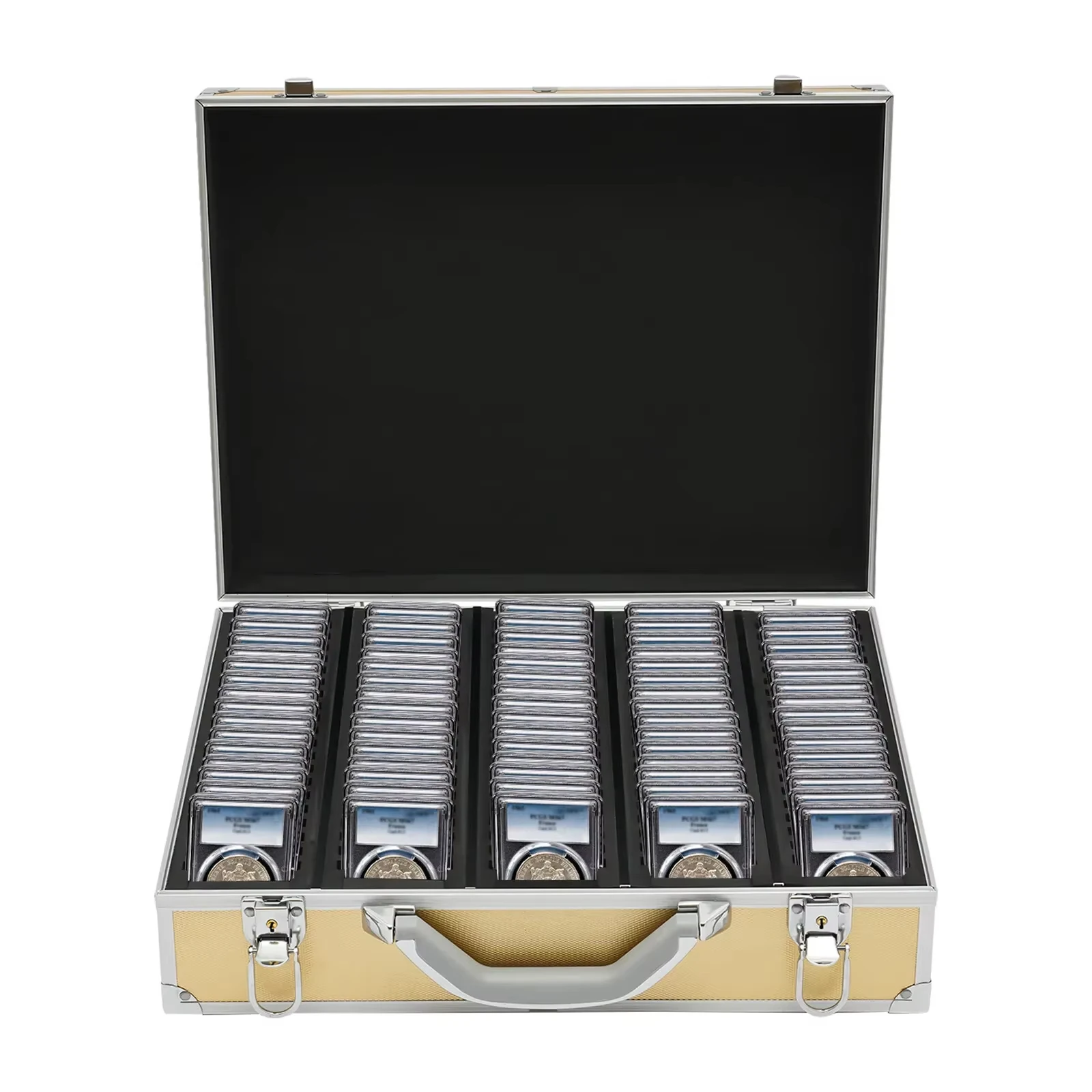 ​​5 Compartment Aluminum Coin Storage Box Gold Case Holds 100 Coins with Sponge Protection Lockable Display Organizer for Coll